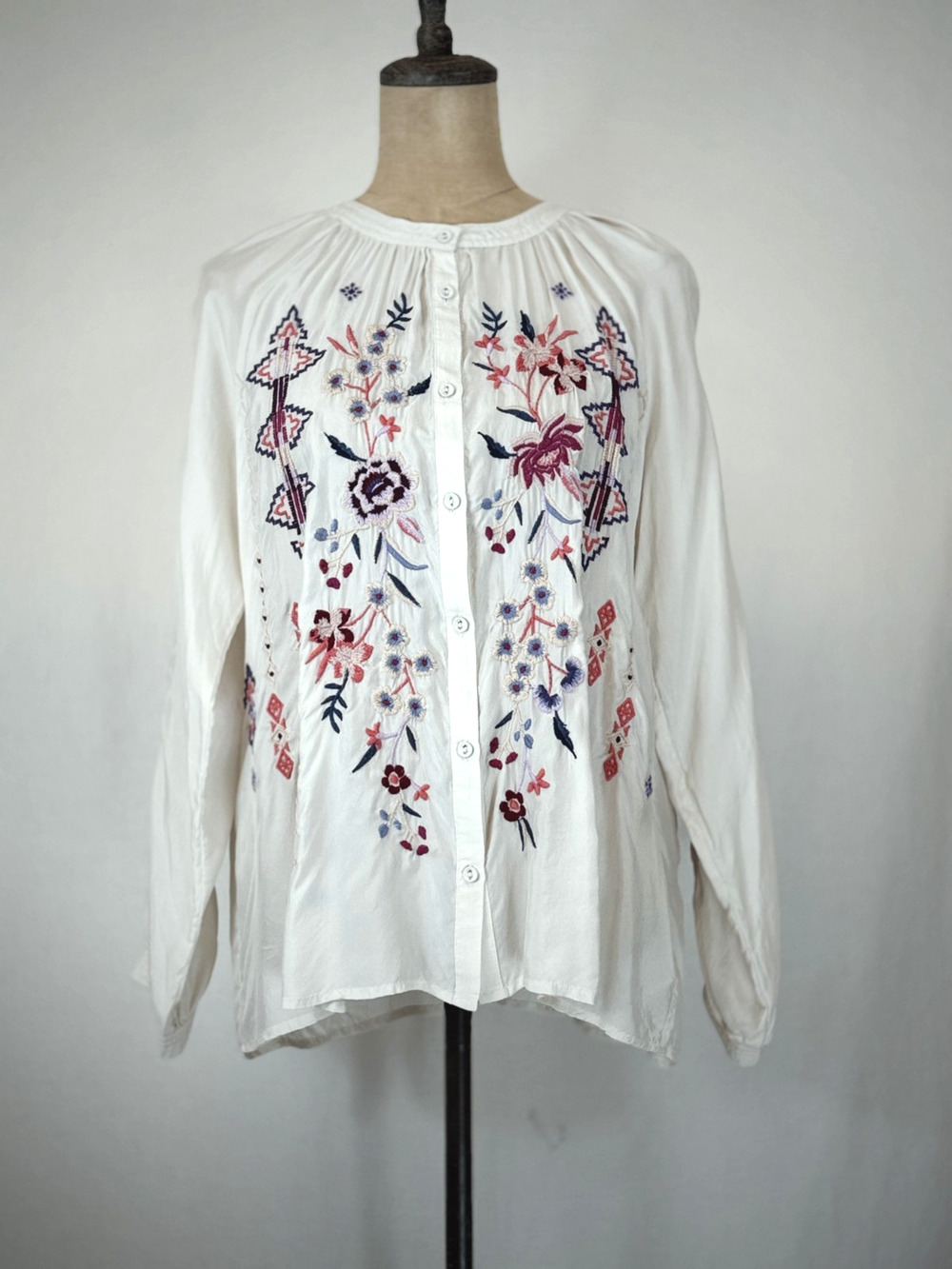 NWT Johnny Was Curacao Raglan Embroidered Button-up Ecru Poet Blouse #0230 XS